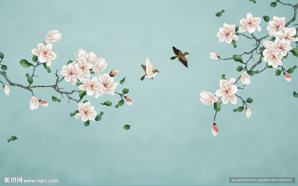 新中式工笔花鸟手绘玉兰花背景墙