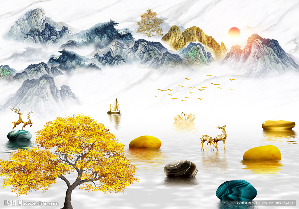 电视背景墙山水画图片