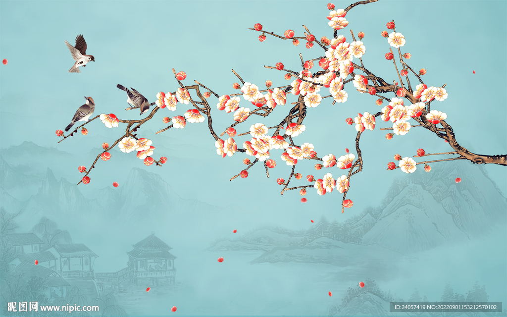 新中式古典花鸟工笔梅花山水背景