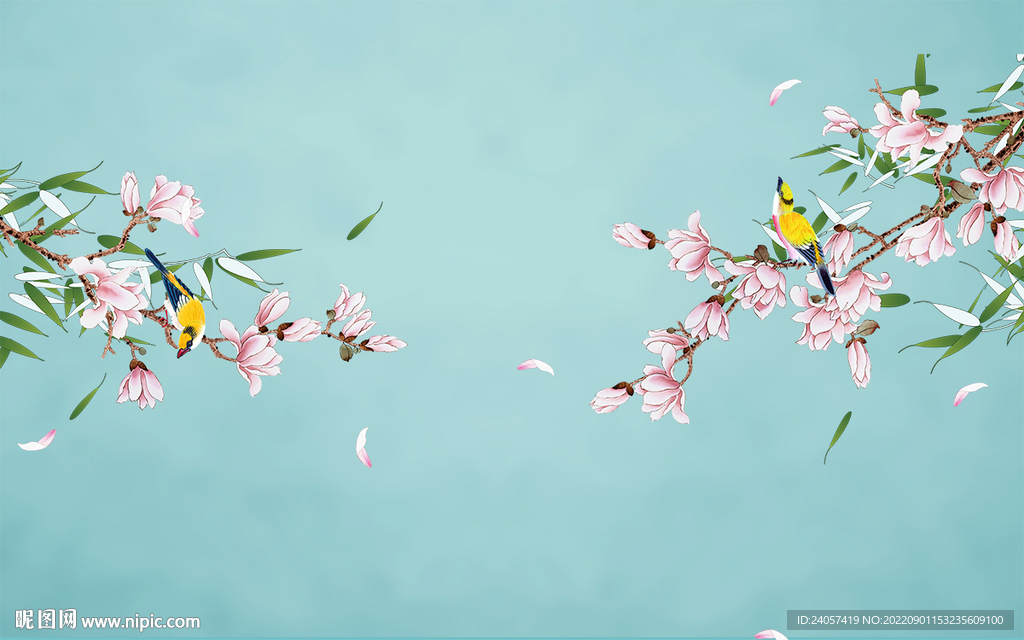 新中式工笔玉兰花鸟背景墙装饰画