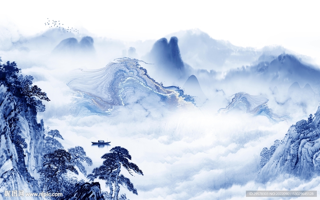 蓝色 最新中式山水 tIf分层