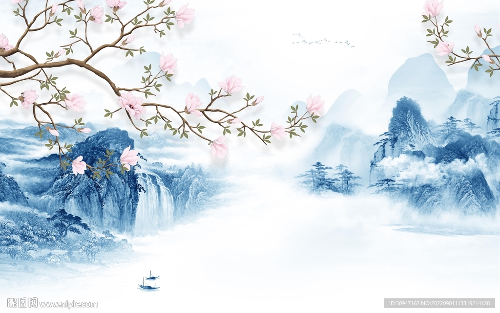 中式最新山水墙画 tIf分层