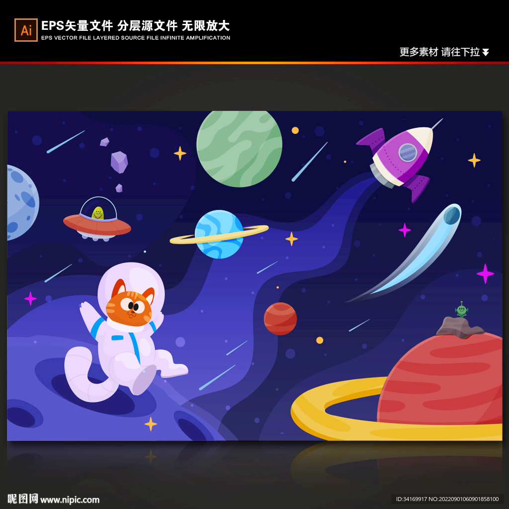 卡通动物宇航员太空火箭星球背景