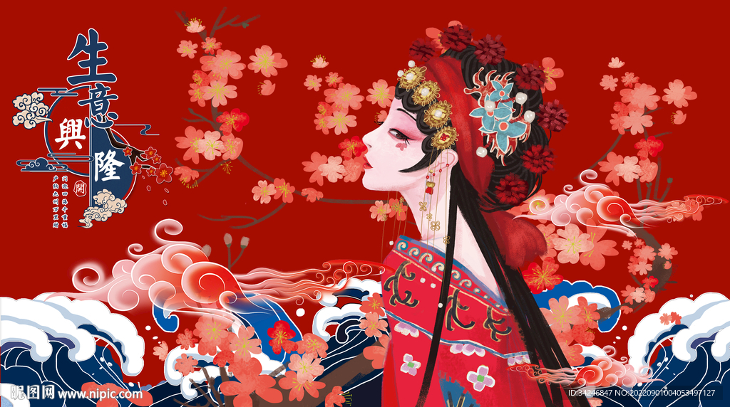 国潮生意兴隆美女背景