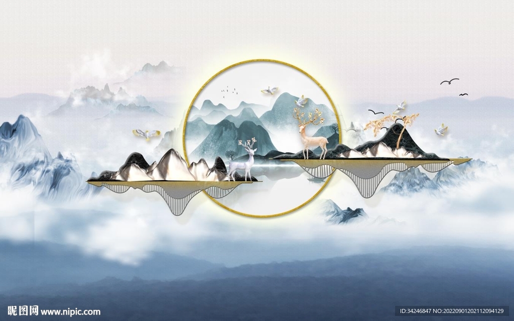 山水画麋鹿背景