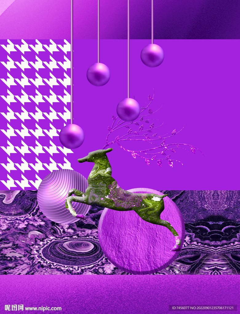 紫色吊坠麋鹿艺术挂画装饰画