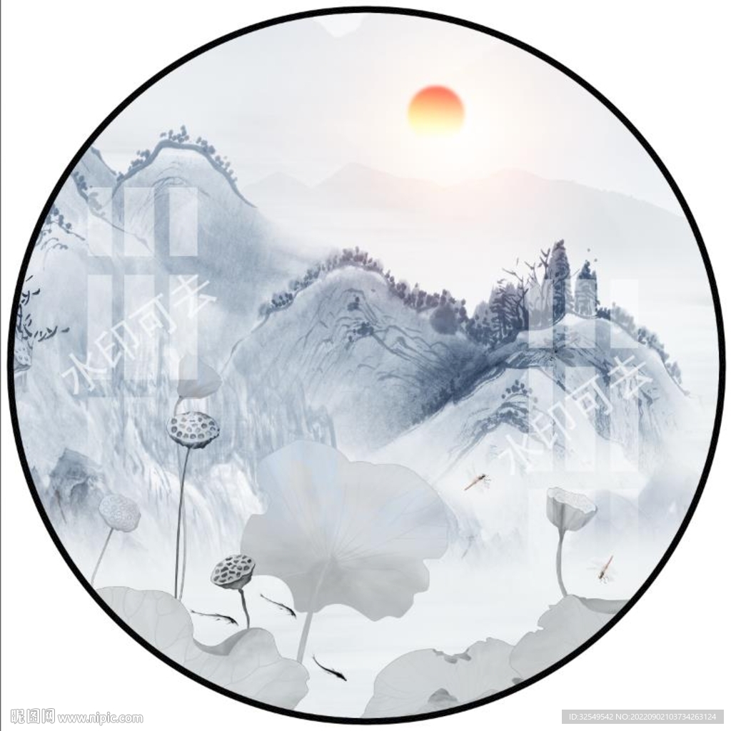 新中式圆形山水画