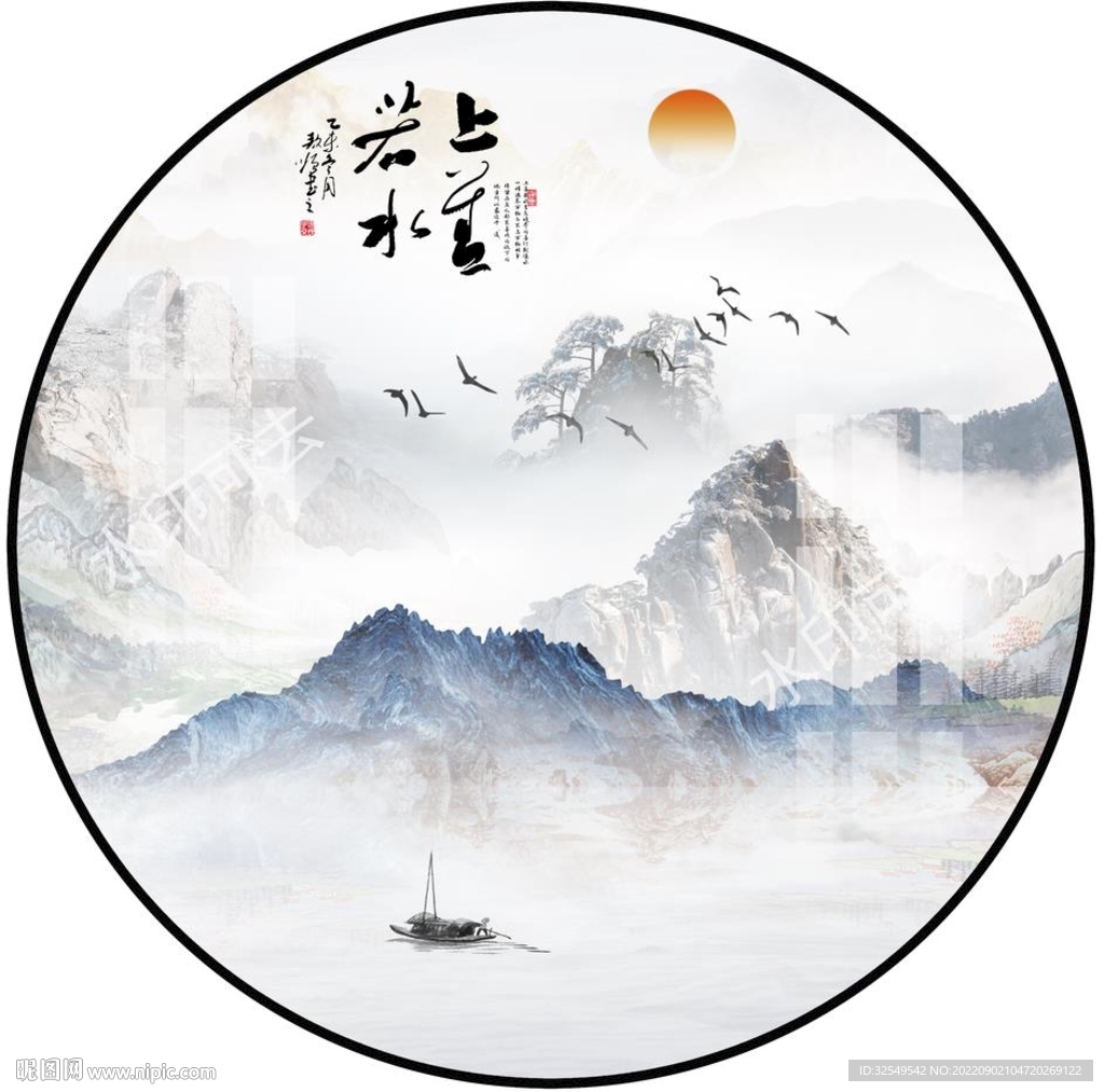 新中式圆形山水画