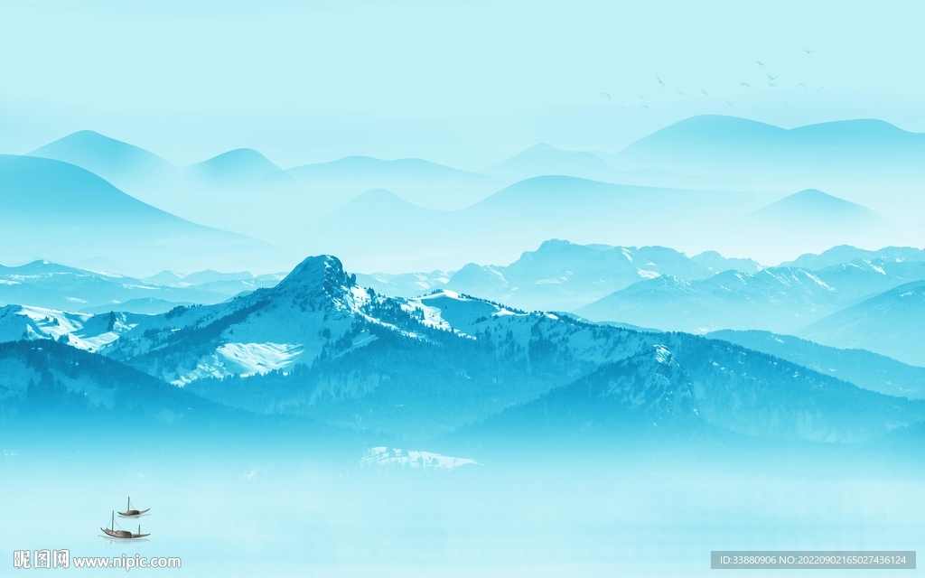 蓝色新上架山水画 tif分层