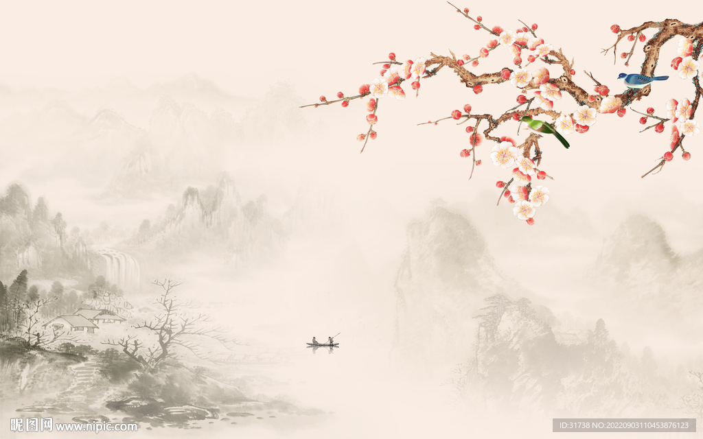 新中式花鸟工笔画背景墙