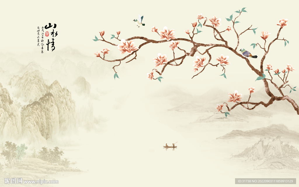 中式工笔花鸟山水背景墙