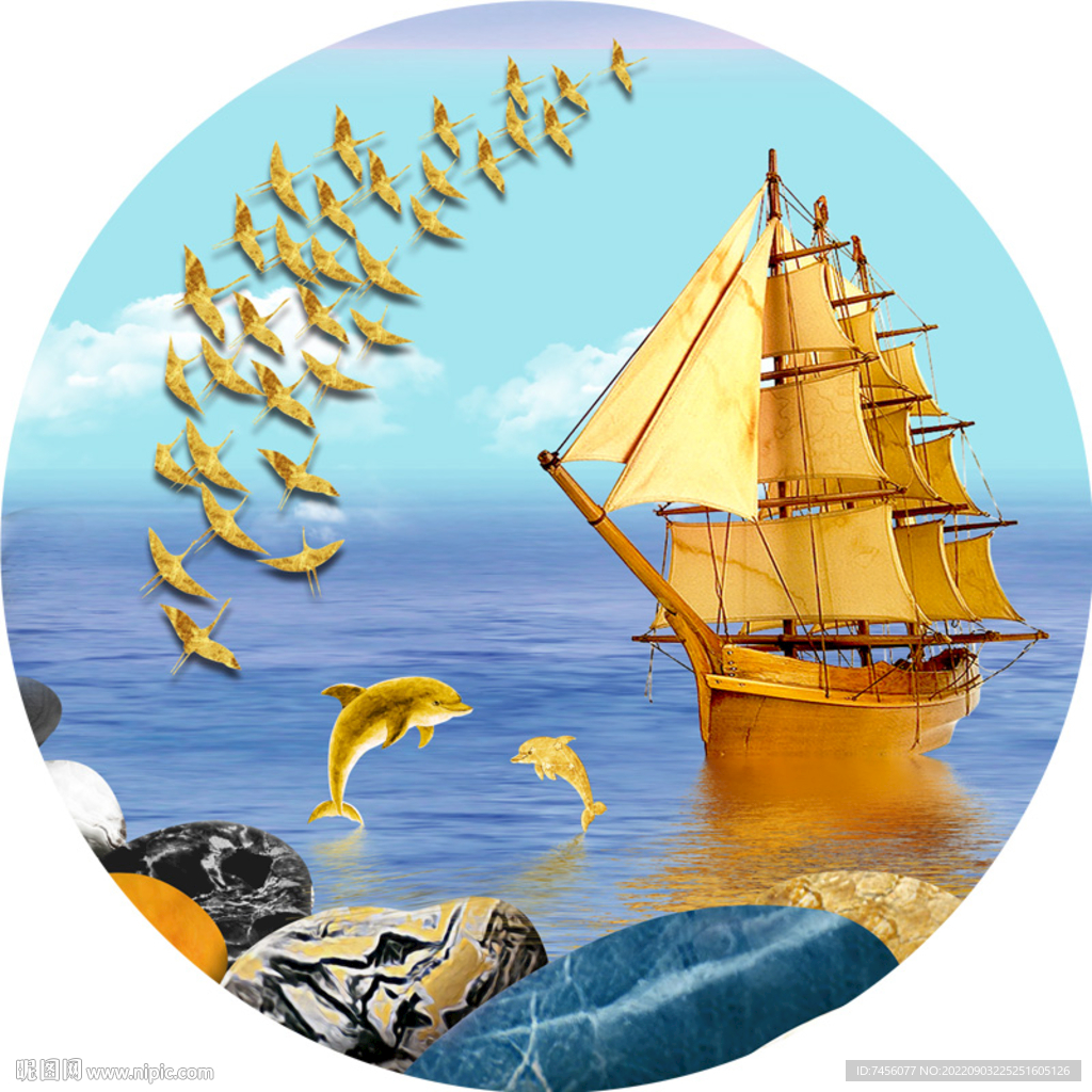 金色帆船湖泊艺术挂画装饰画