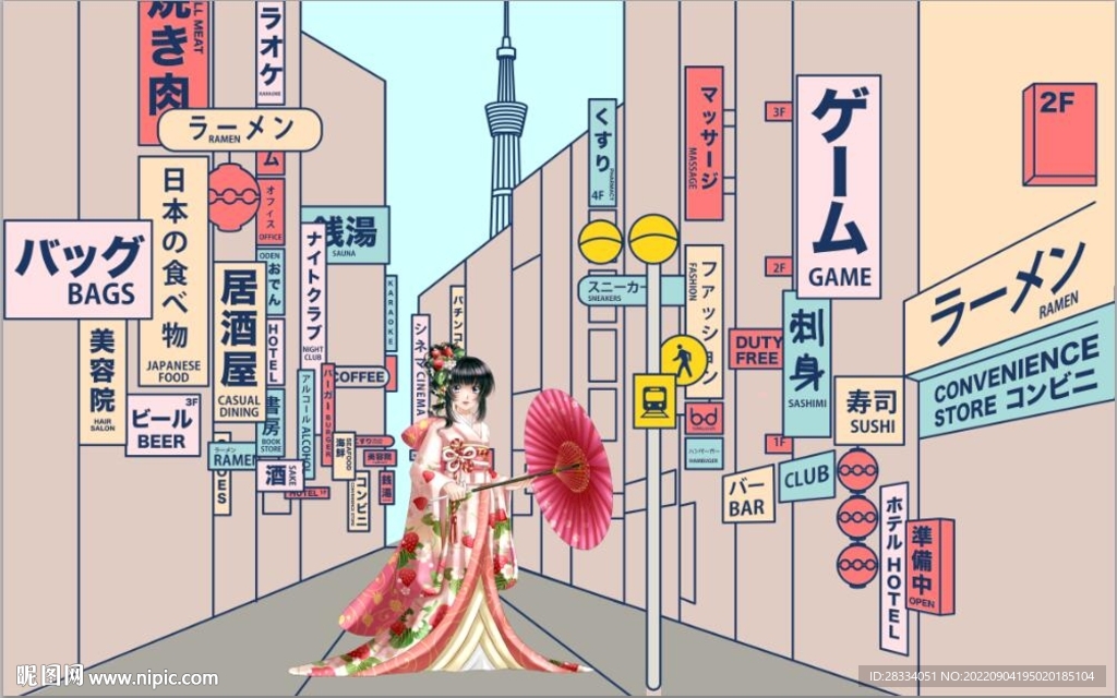日本美女少女街景背景墙壁画