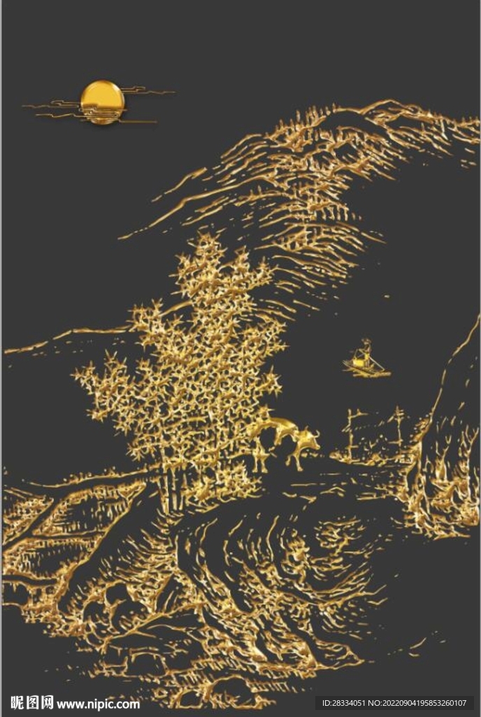 新中式金色山水风景玄关装饰画