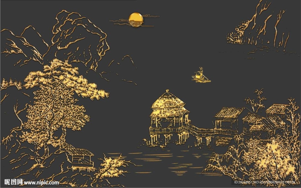 新中式金色山水风景玄关背景墙
