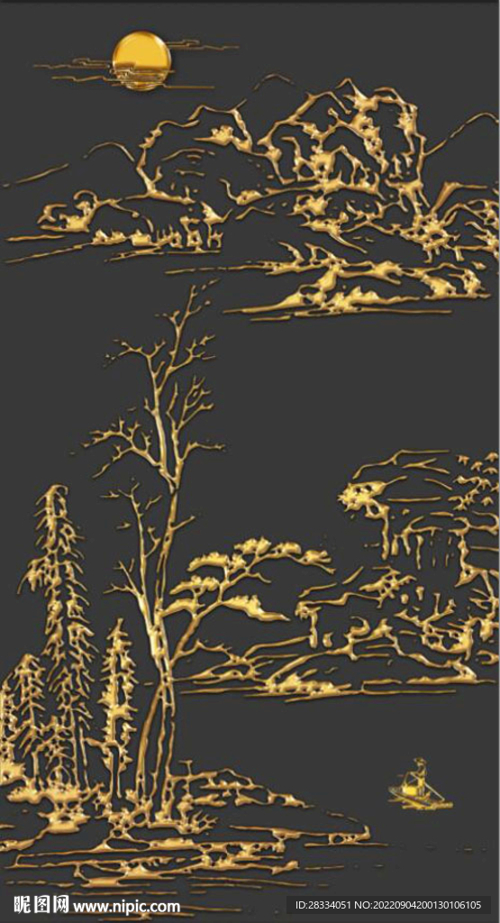 新中式金色山水风景玄关装饰画