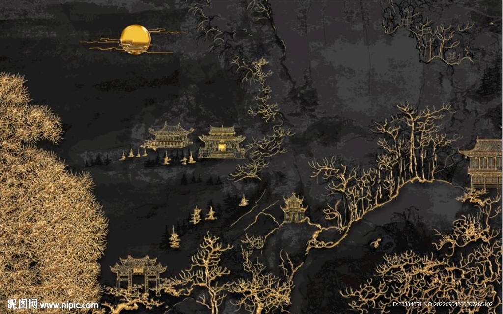 新中式金色山水风景玄关背景墙