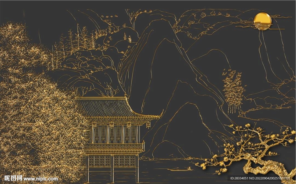 新中式金色山水风景玄关背景墙