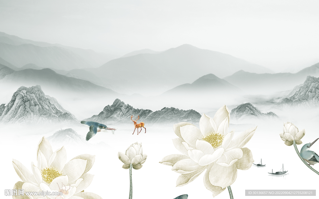荷花意境现代山水 tif分层