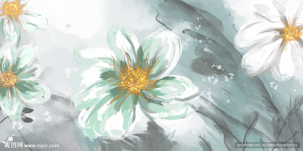 轻奢装饰画 三联画 蓝色花朵