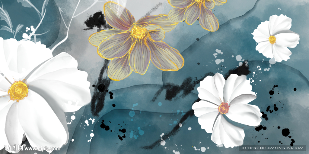 轻奢装饰画 三联画 白色花朵