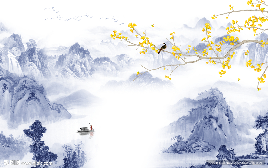 花鸟新中国风山水 tif分层