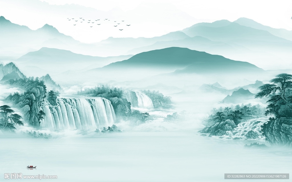 蓝色沙发背景山水 TIf分层