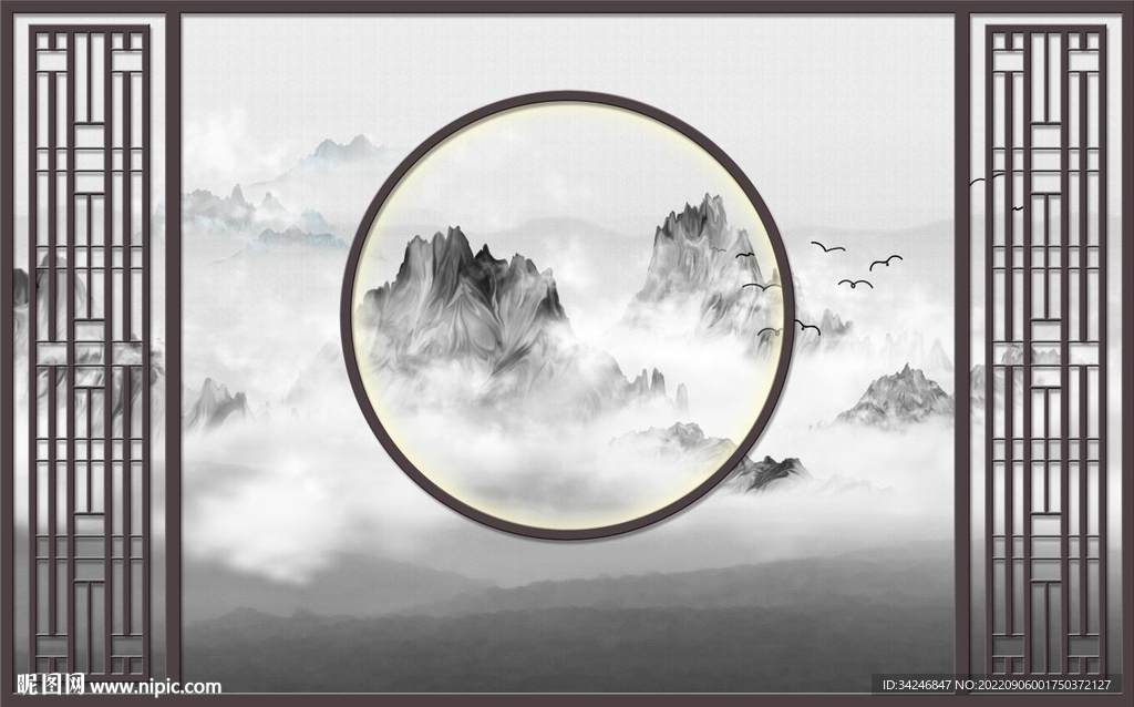 新中式窗花山水背景