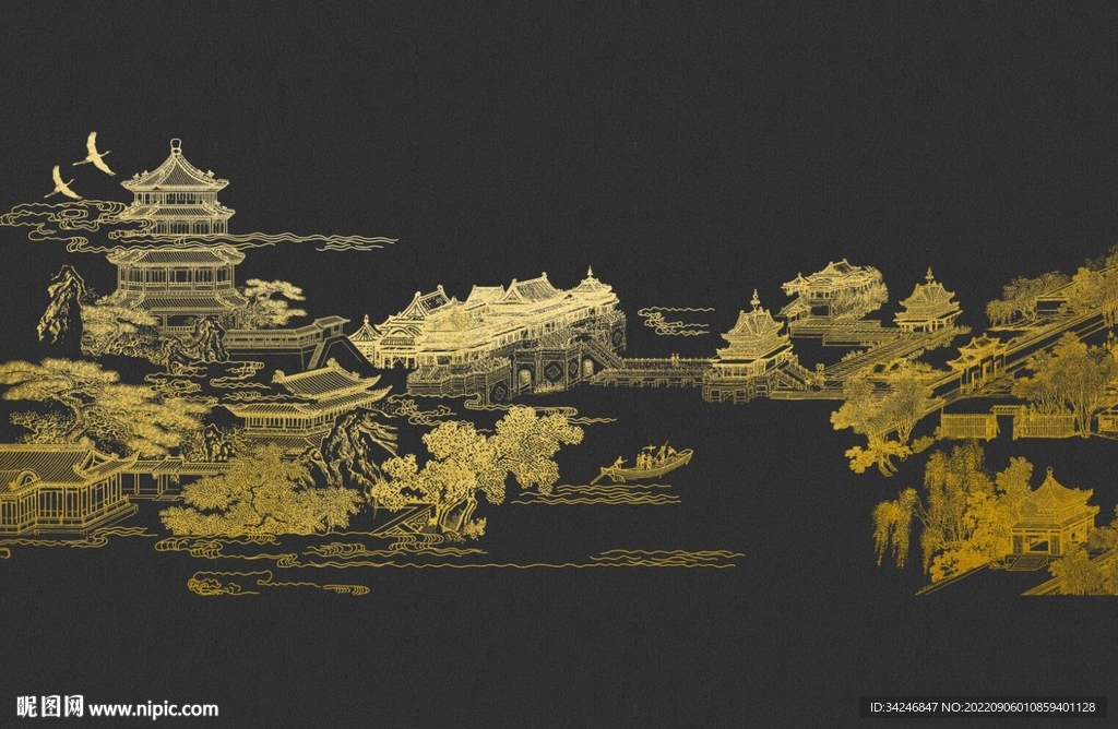 新中式黑底金色手绘建筑背景