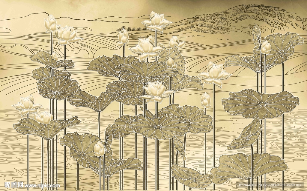 新中式金色荷花背景墙