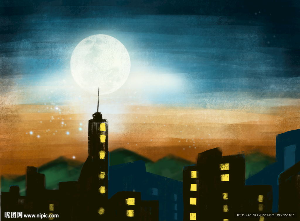 夜色明月图 手绘分层可调