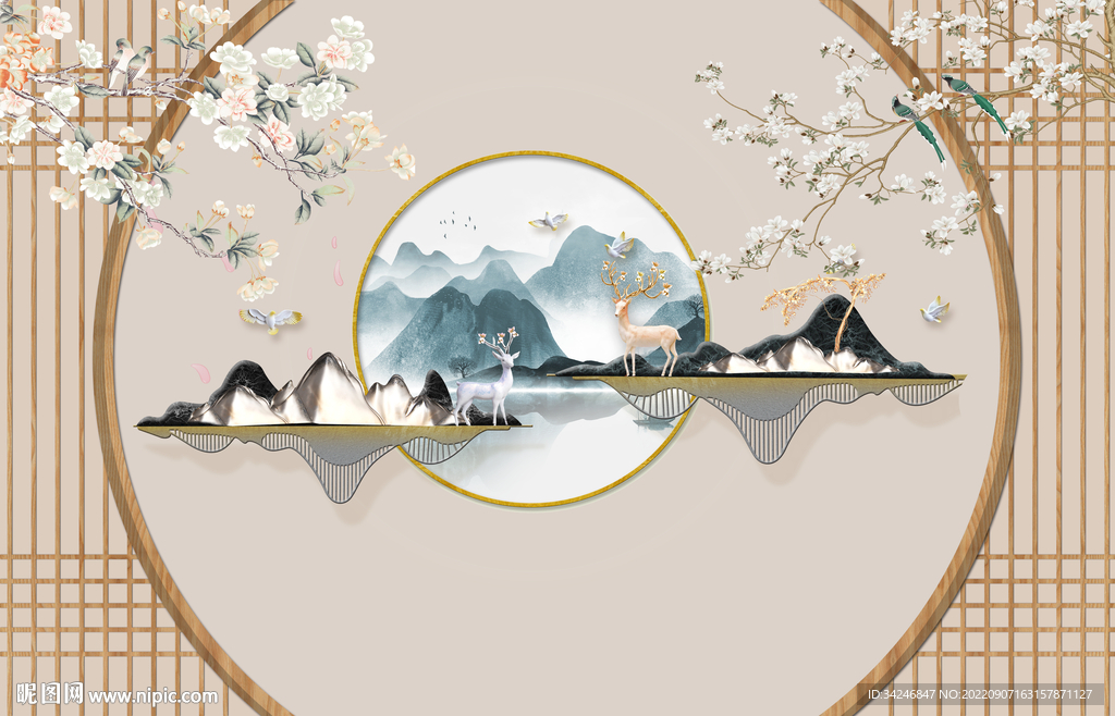 新中式花鸟山水麋鹿背景
