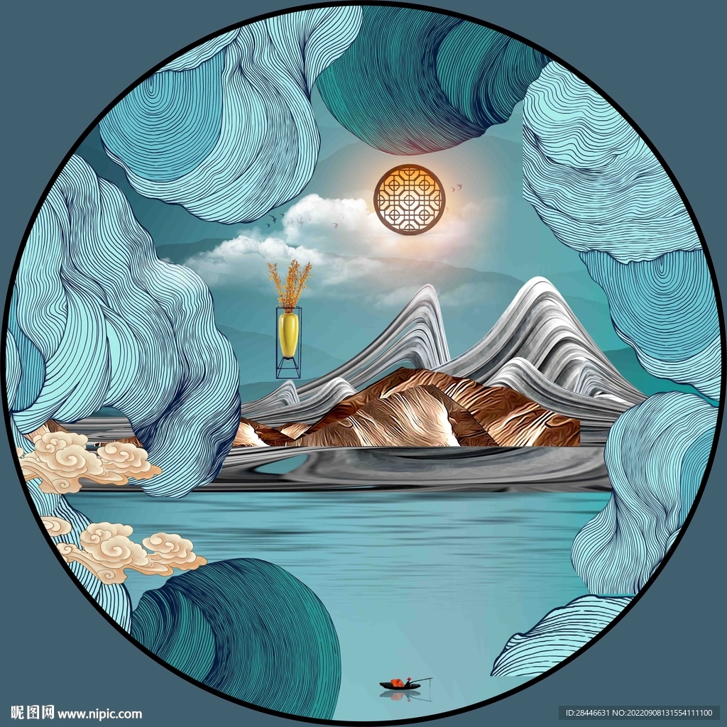 新中式轻奢圆形装饰画