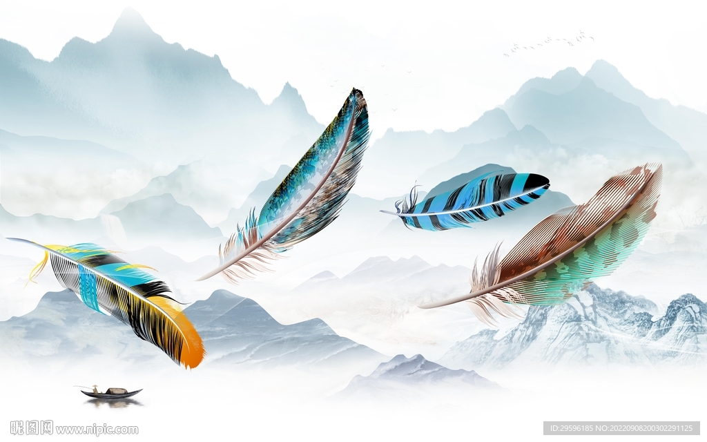 羽毛新山水客厅画 tif分层