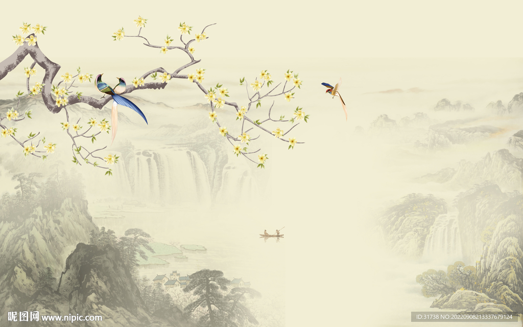 新中式花鸟画背景墙