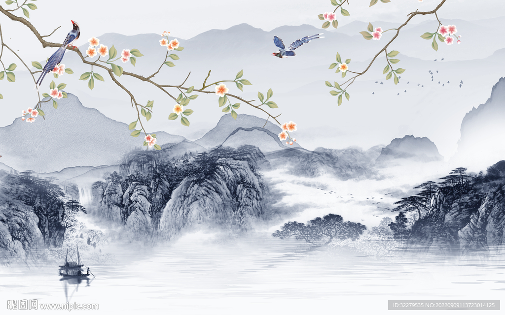 花鸟中式山水背景 TIf分层