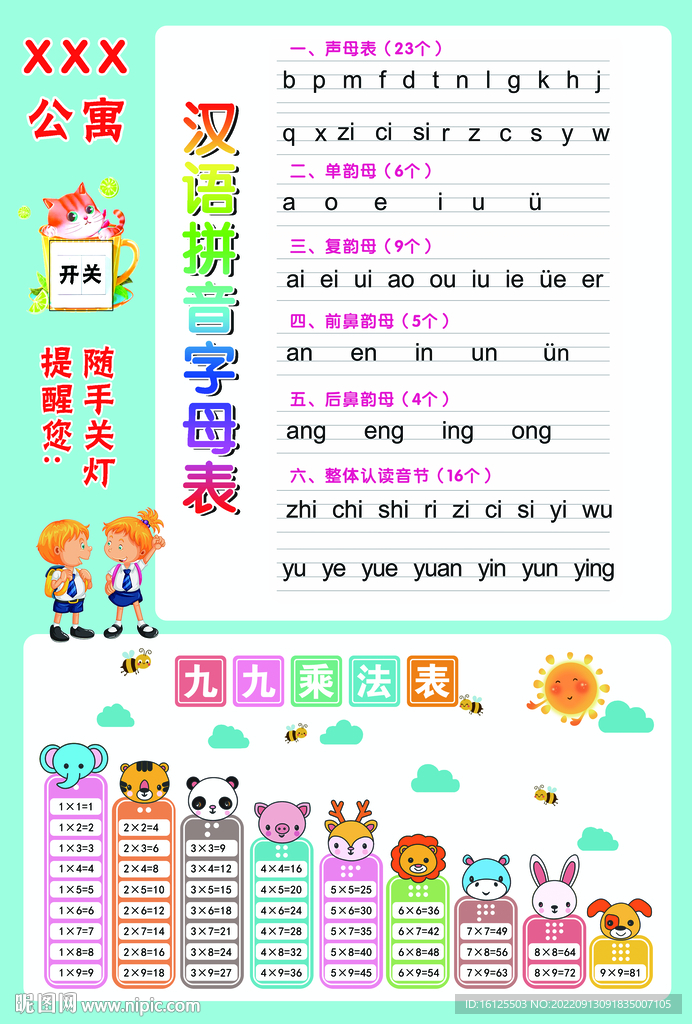 墙贴拼音乘法表