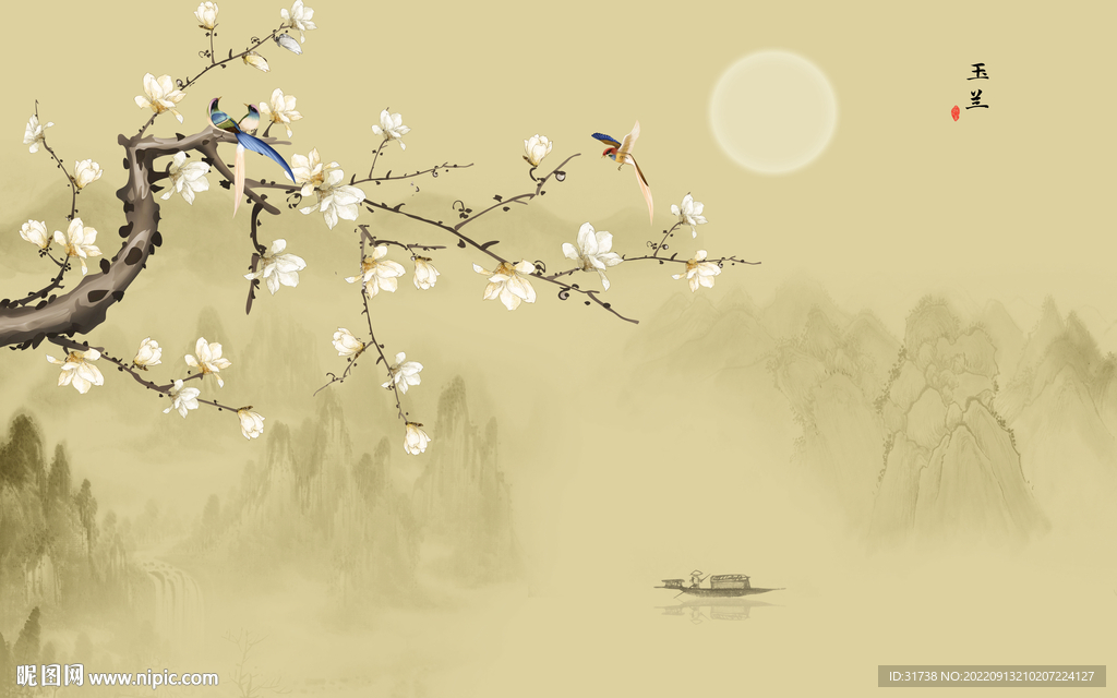 新中式工笔花鸟玉兰背景墙