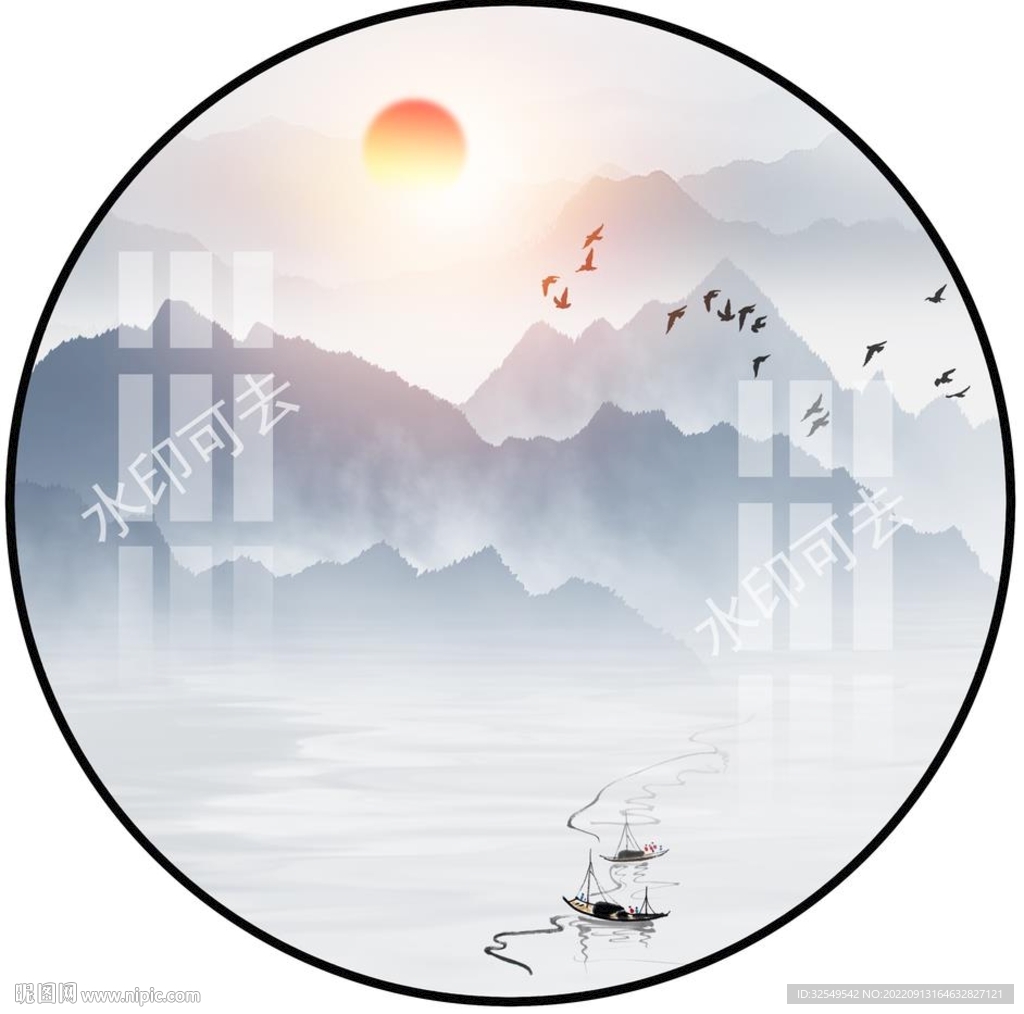 圆形山水装饰画