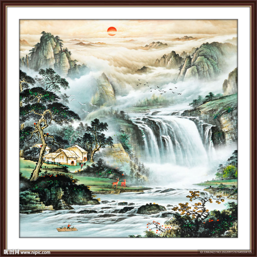 富水长流国画山水办公室装饰画