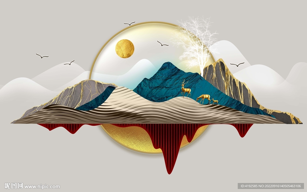 3D立体浮雕山水麋鹿电视背景墙