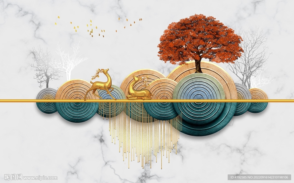 一麋发财新中式背景墙