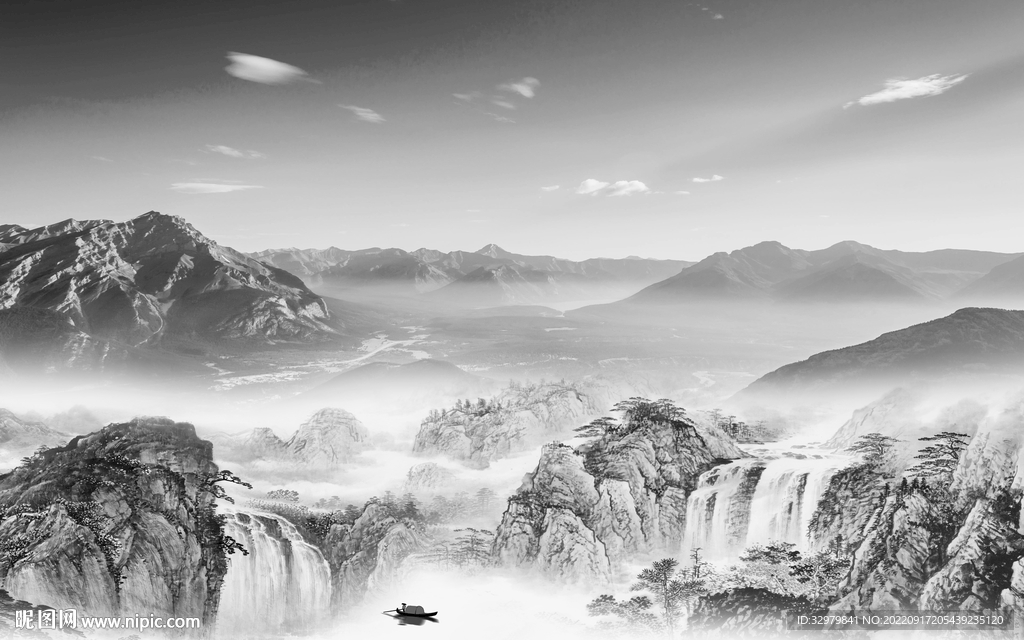 灰色中国风山水画 tif分层