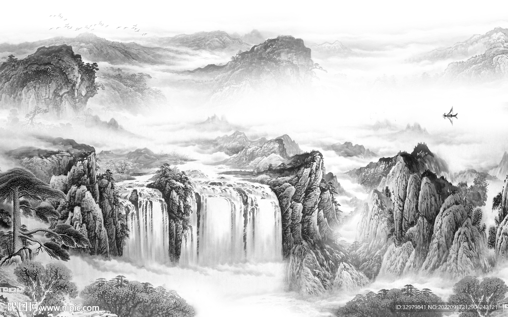 国画中式背景山水 tif分层