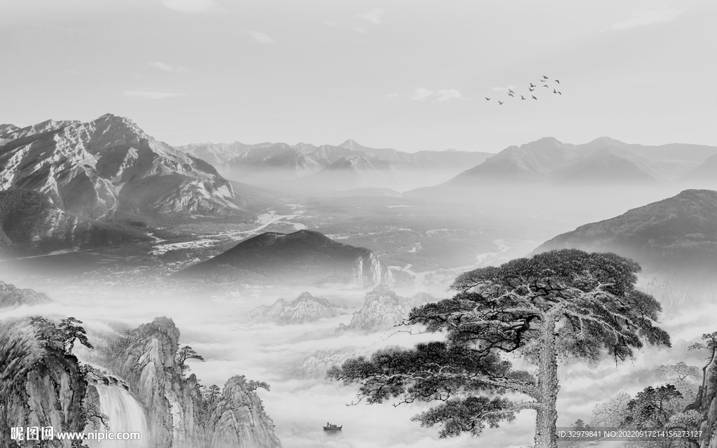 无框画中式背景山水 tif分层