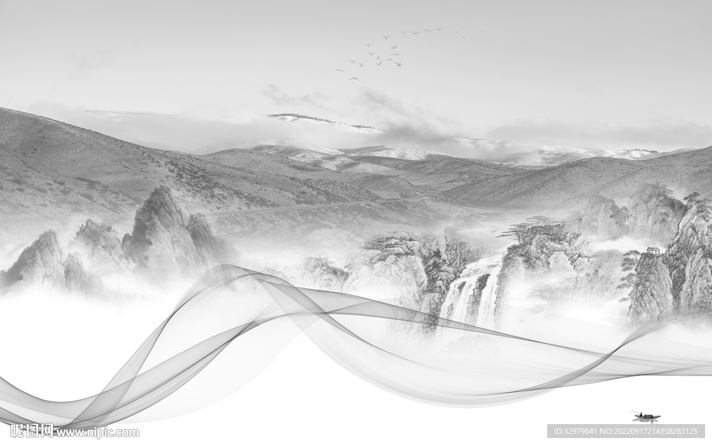 新中式背景山水 tif分层