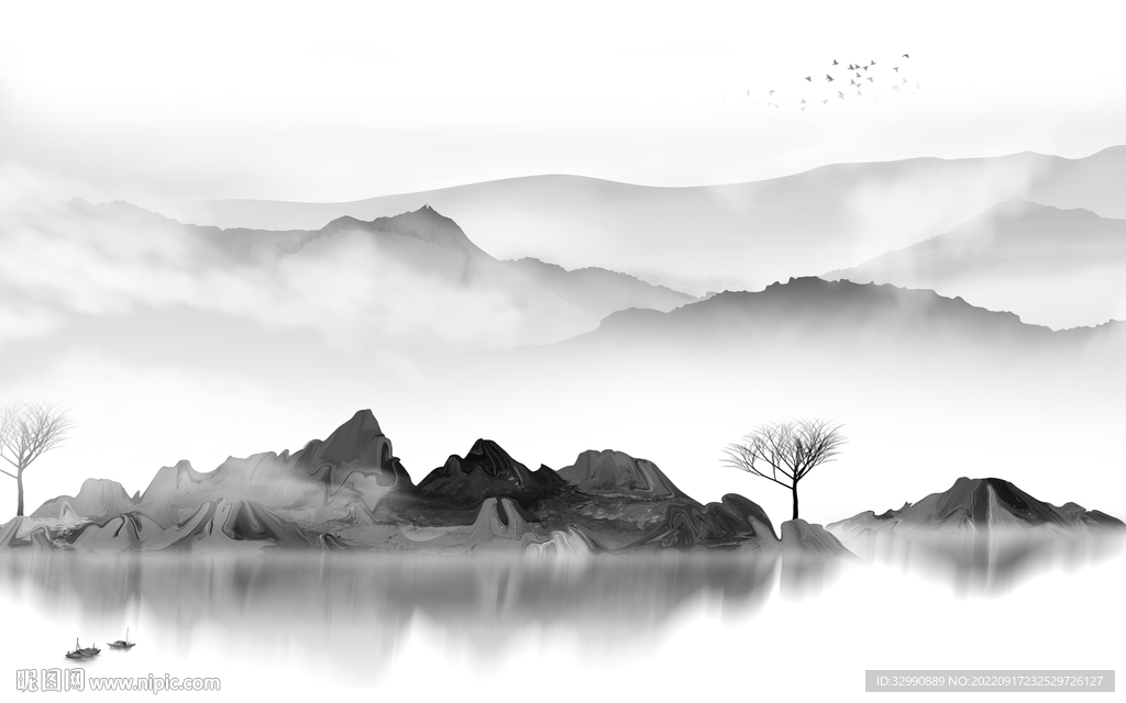 水墨灰色爆款山水 tif分层