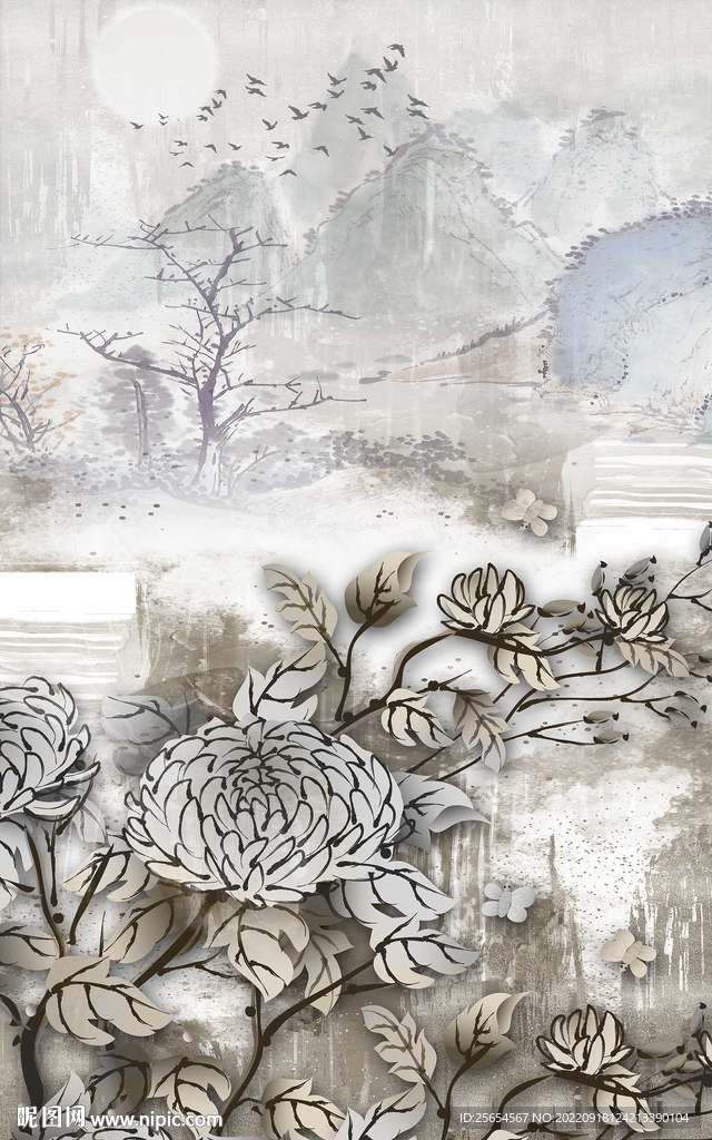 复古菊花玄关装饰画