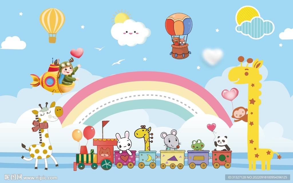 卡通手绘儿童房背景墙图片