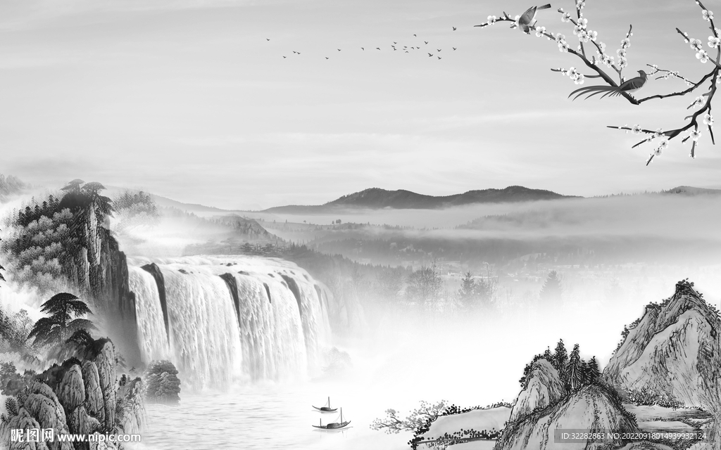 高清 灰色中式山水 TiF分层